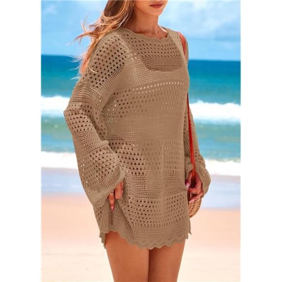 NEW -  Khaki Swimsuit Cover Ups Crochet‎ Knit Bathing Suit Swimwear - Picture 4 of 6